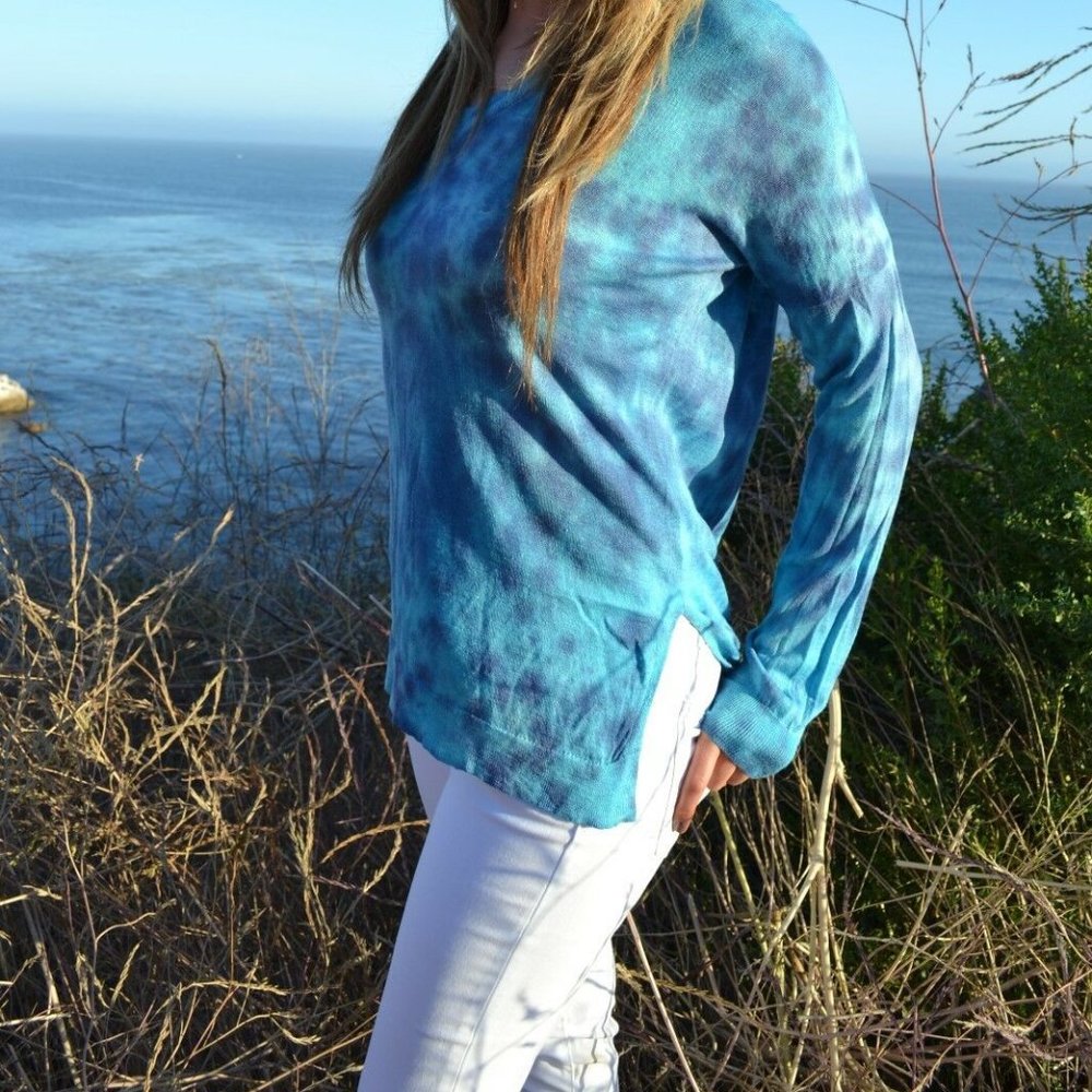 JCrew tie dye painted shirt navy Blue gray white linen beach Sweater Med 8 10 12